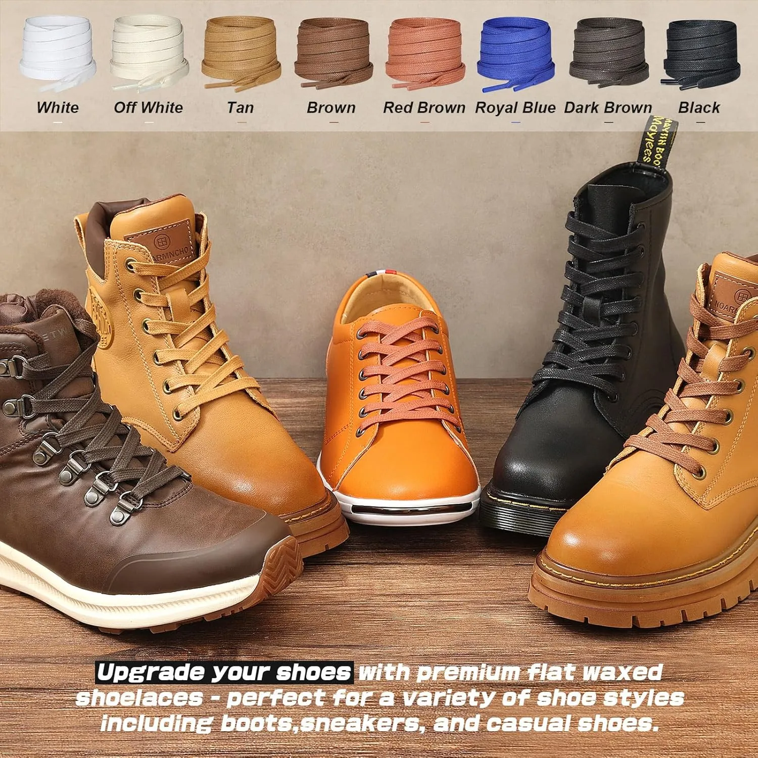 2 Pairs Flat Waxed Cotton Shoelaces, 1/4" Wide Laces for Boots & Casual Shoes