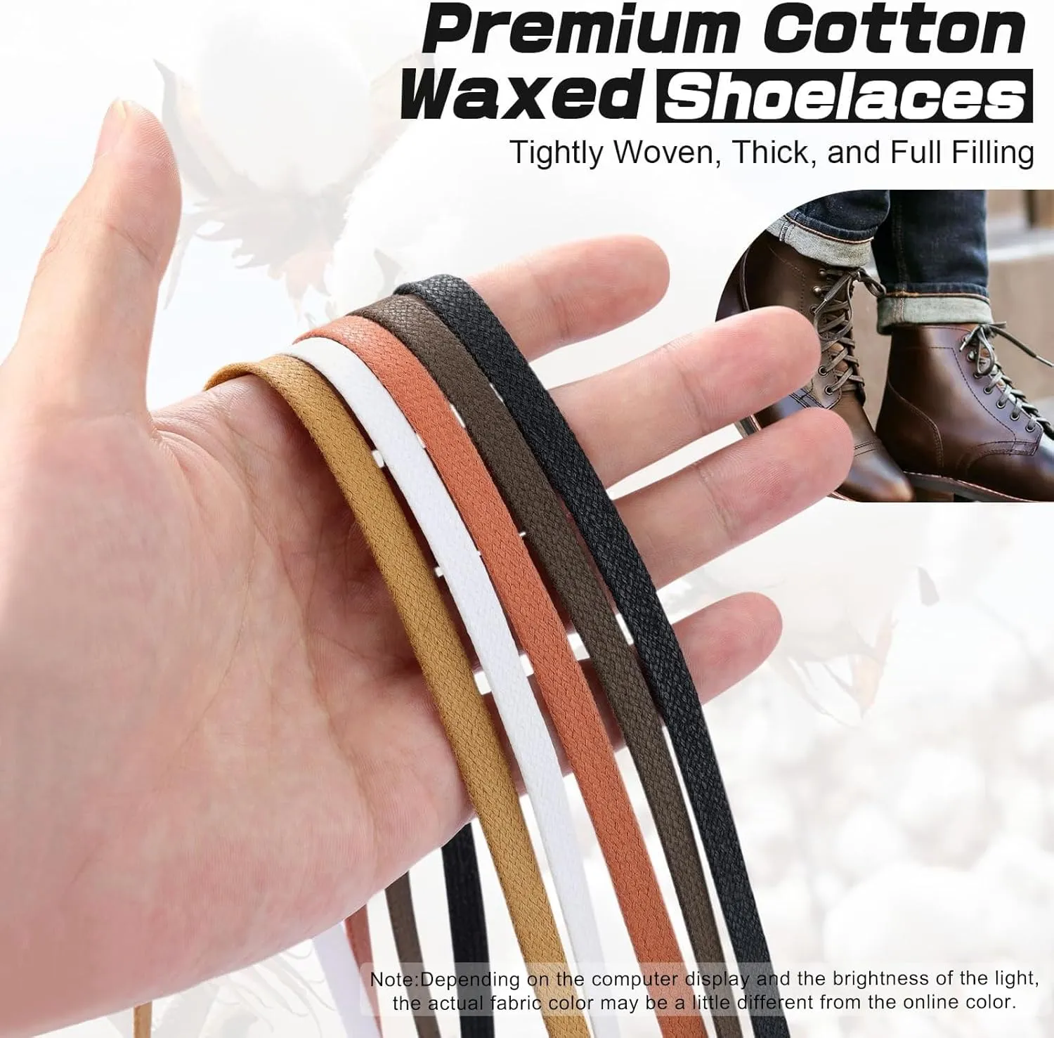 2 Pairs Flat Waxed Cotton Shoelaces, 1/4" Wide Laces for Boots & Casual Shoes