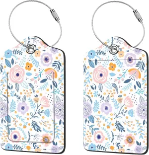 2 Pcs Luggage Tags for Suitcase, Cute Unique PU Leather Travel Bag Tag with Privacy Cover ID Label Address Card and Durable Metal Ring Suitable for Men Women Children Backpack,Colorful Flowers A