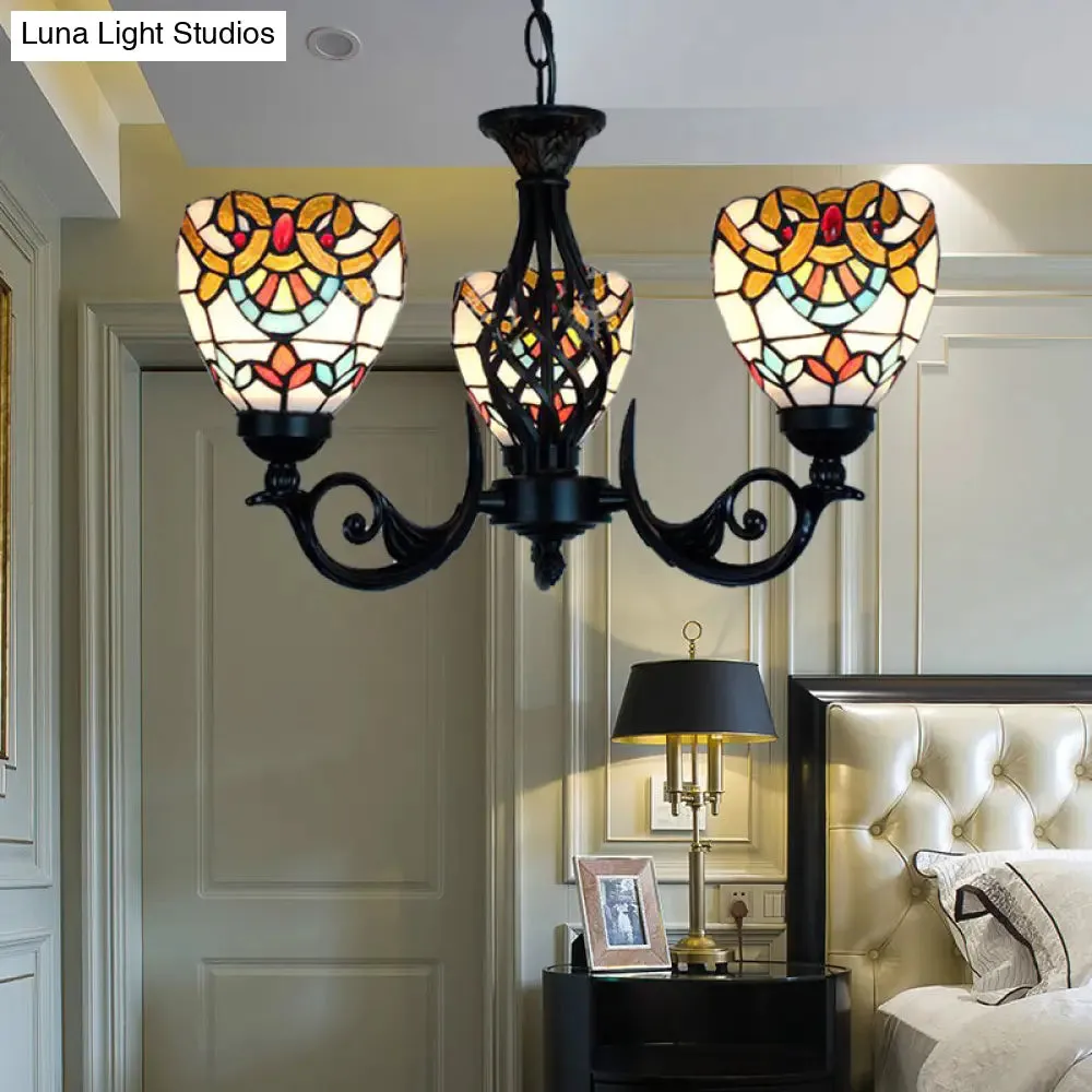 Baroque Stained Glass Chandelier with 3 Lights for Living Room in Black