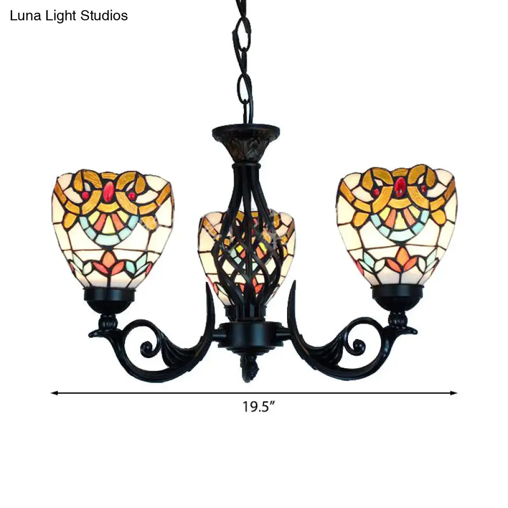Baroque Stained Glass Chandelier with 3 Lights for Living Room in Black