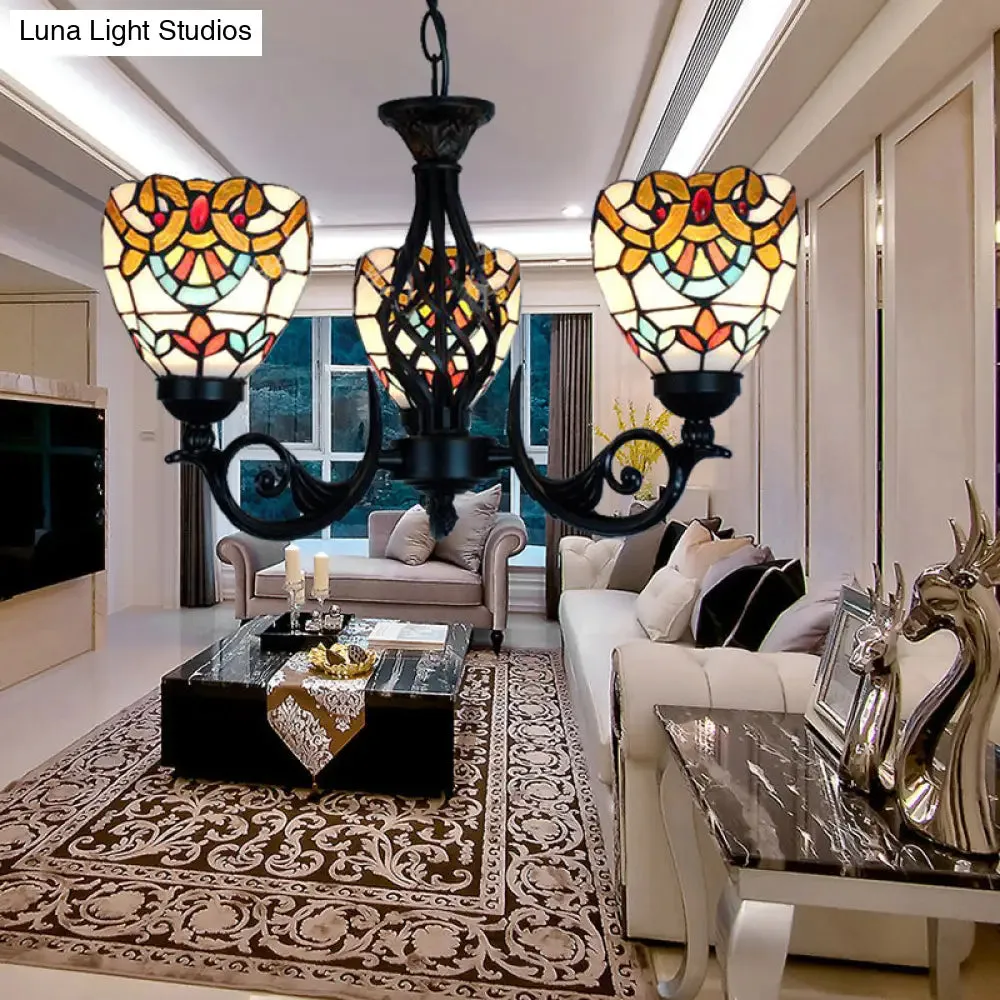 Baroque Stained Glass Chandelier with 3 Lights for Living Room in Black