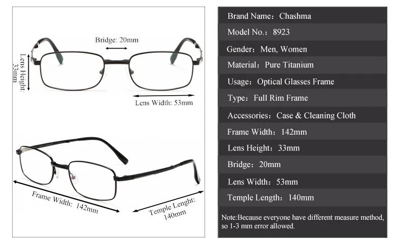 Chashma Ochki Unisex Full Rim Square Titanium Foldable Eyeglasses 8923