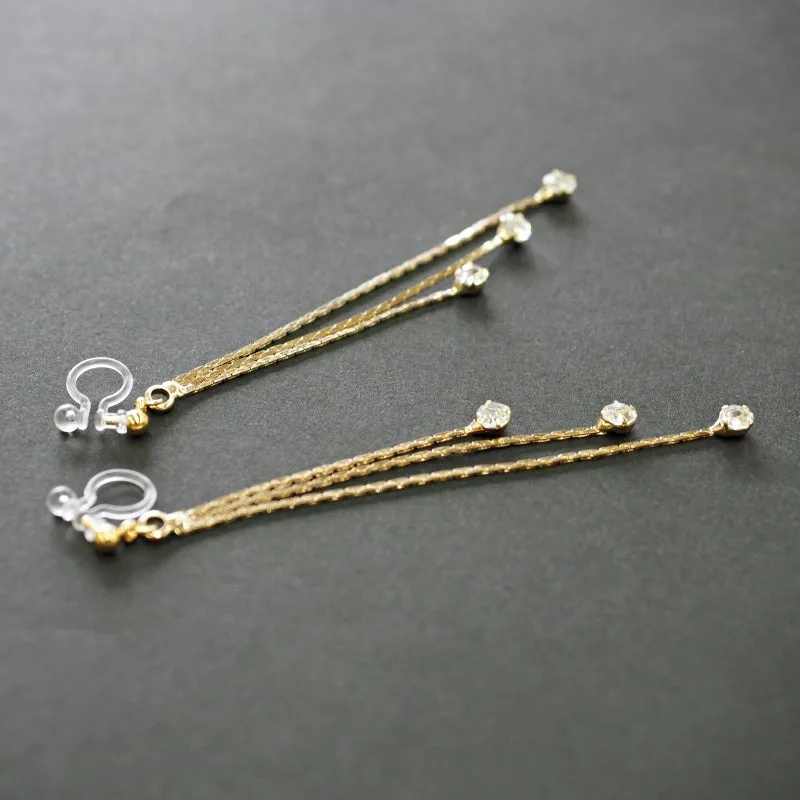 Chic Cascade Crystal Invisible Clip-On Earrings | Triple Chain Glamour