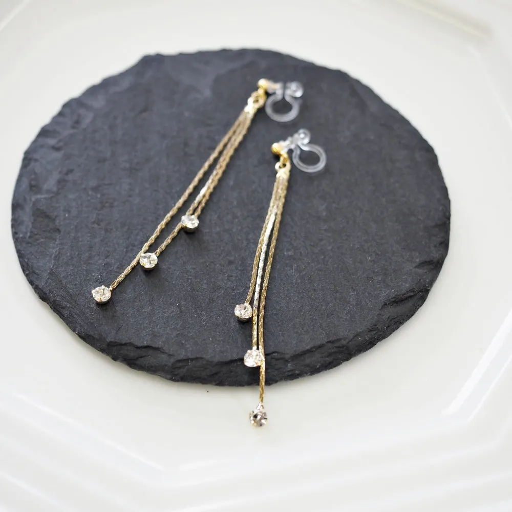 Chic Cascade Crystal Invisible Clip-On Earrings | Triple Chain Glamour