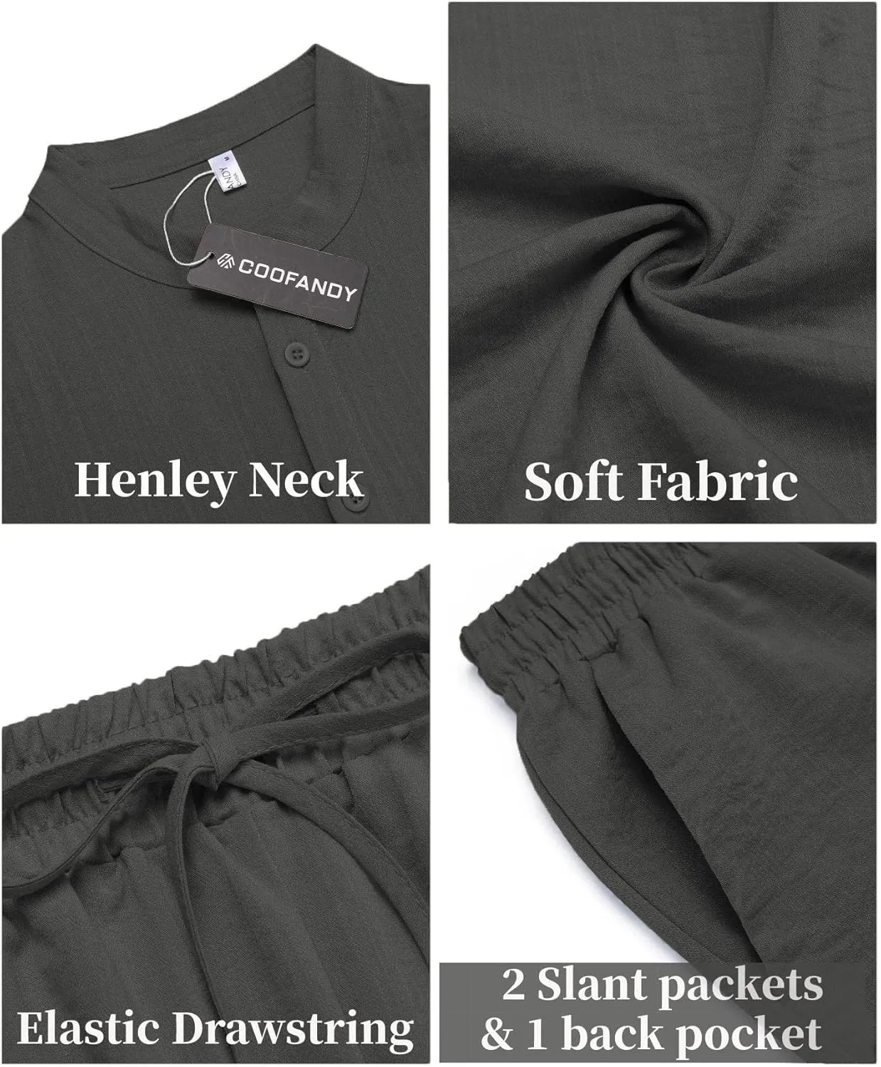 COOFANDY Men's 2 Pieces Linen Set Casual Henley Shirts Short Sleeve Beach Yoga Shorts Summer Pants Outfits
