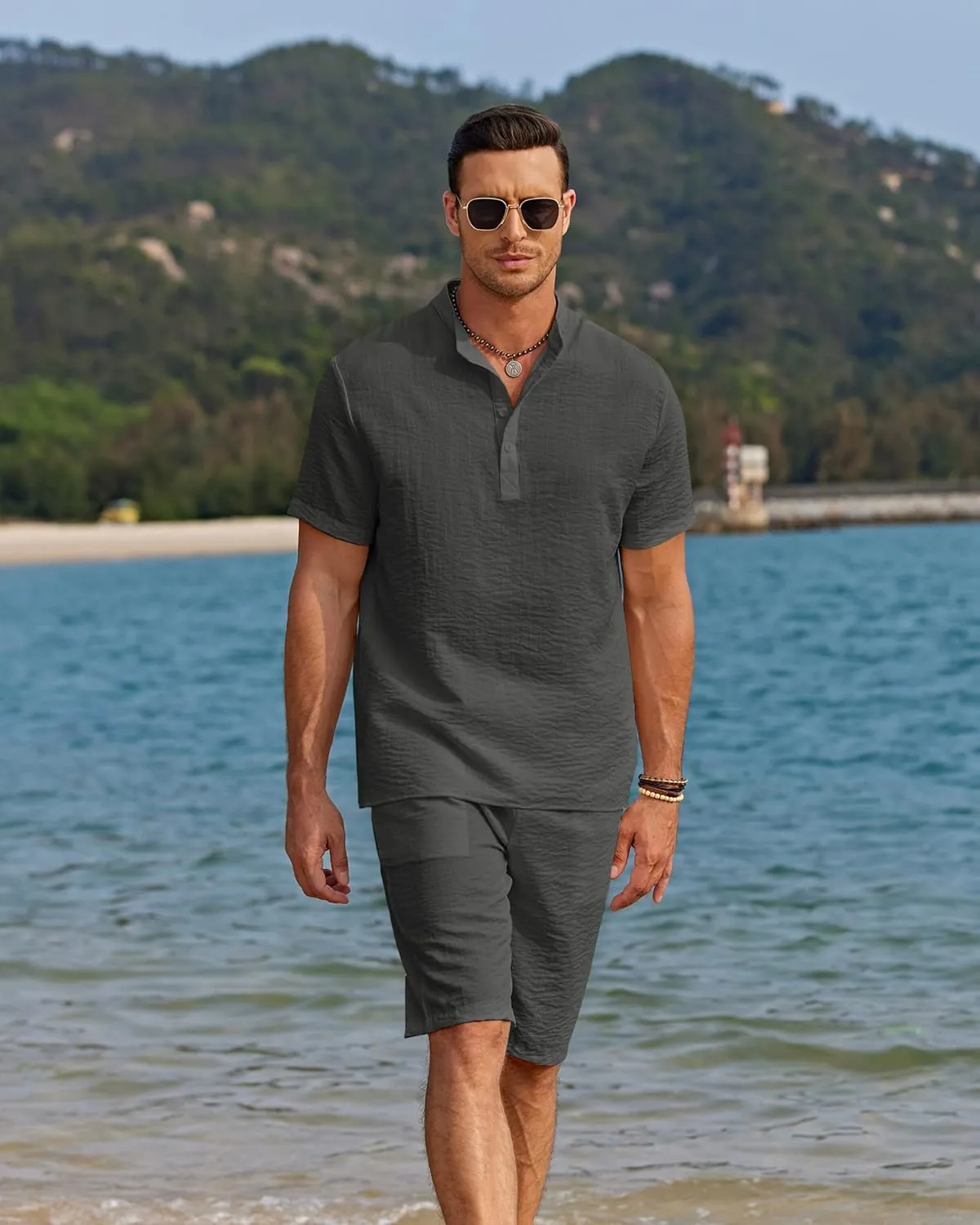 COOFANDY Men's 2 Pieces Linen Set Casual Henley Shirts Short Sleeve Beach Yoga Shorts Summer Pants Outfits