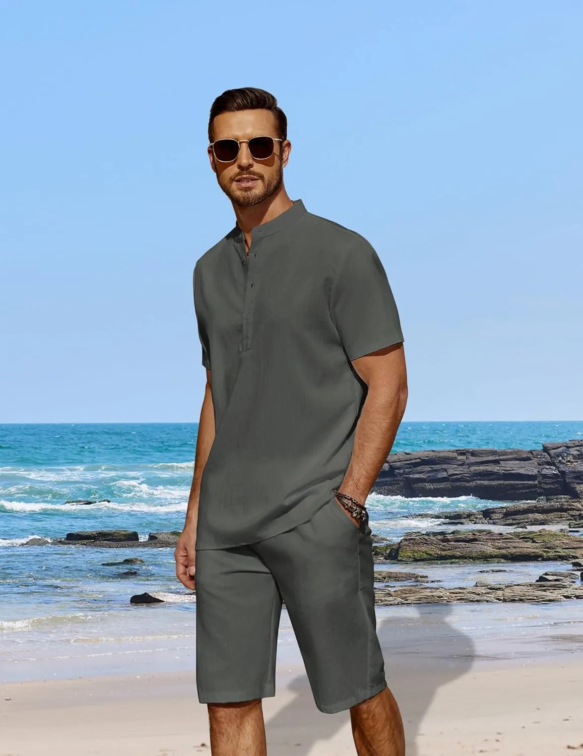 COOFANDY Men's 2 Pieces Linen Set Casual Henley Shirts Short Sleeve Beach Yoga Shorts Summer Pants Outfits