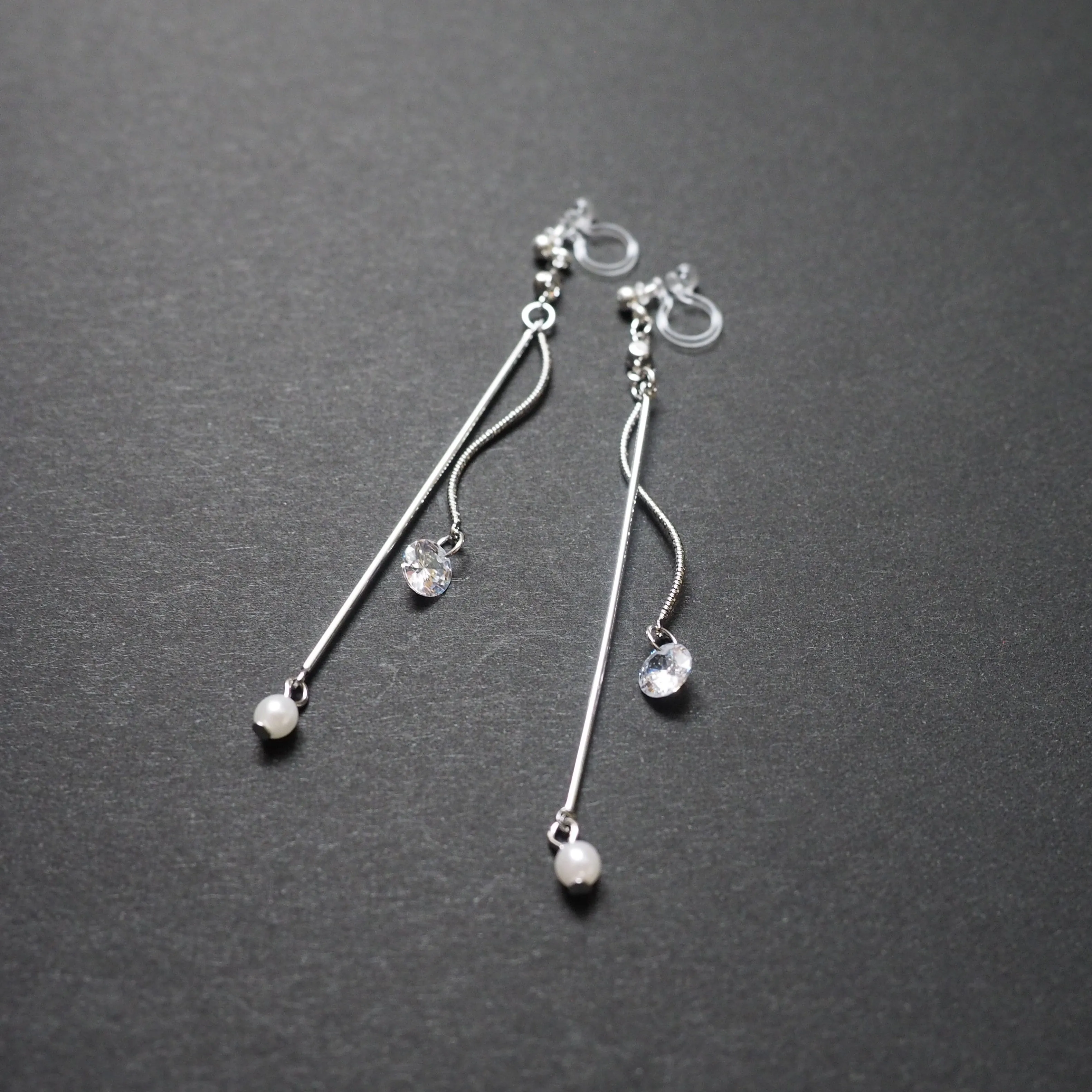 Dangle Silver Cubic Zirconia & Pearl Invisible Clip On Earrings