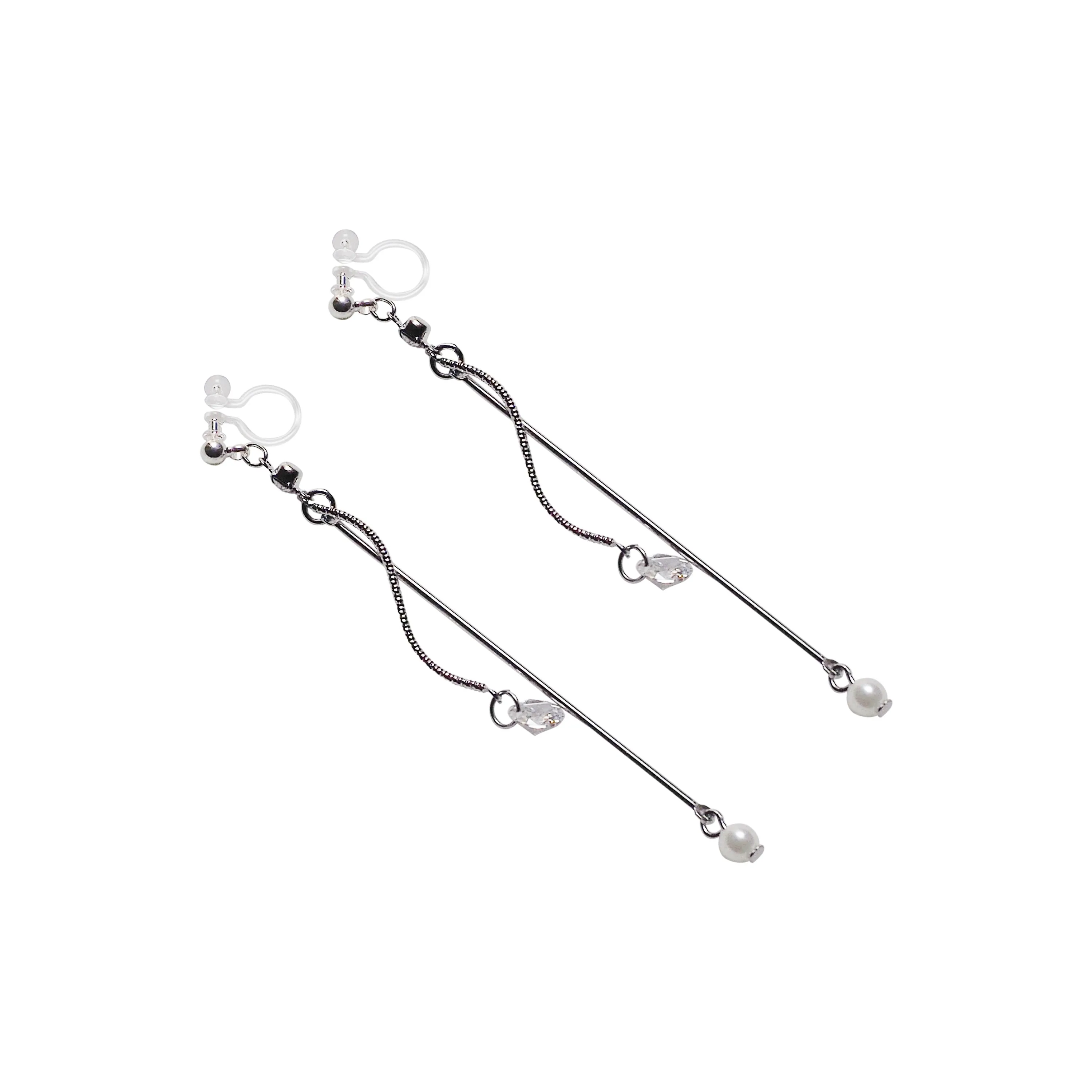 Dangle Silver Cubic Zirconia & Pearl Invisible Clip On Earrings