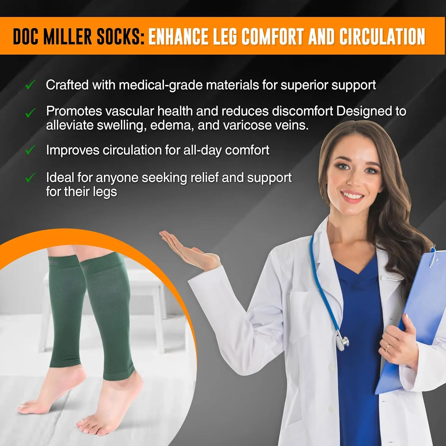 Doc Miller Compression Calf Sleeve for Men & Women, Premium Medical Grade, 20-30mmHg Graduated, Shin Splints, 1 Pair