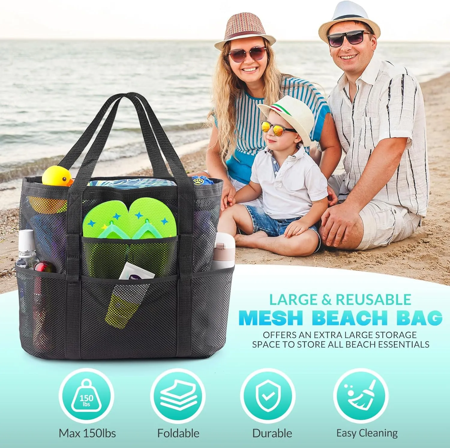 EASYFUN Beach Bag Large Mesh Beach Bag Lightweight Beach Tote with 9 Pockets Foldable Beach Accessories