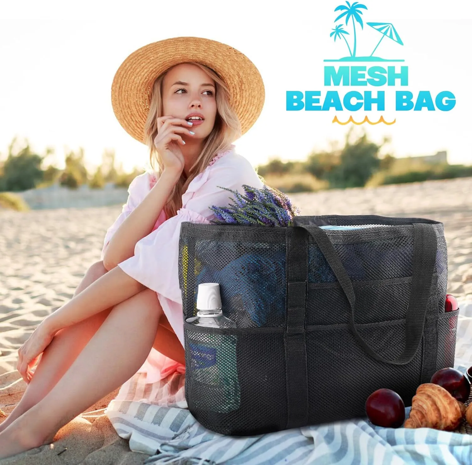 EASYFUN Beach Bag Large Mesh Beach Bag Lightweight Beach Tote with 9 Pockets Foldable Beach Accessories