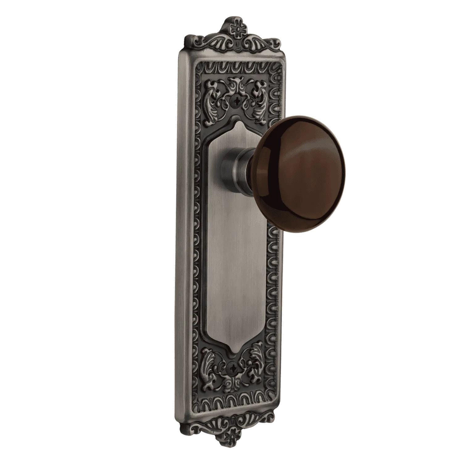 Egg & Dart Long Plate with Brown Porcelain Knob in Antique Pewter