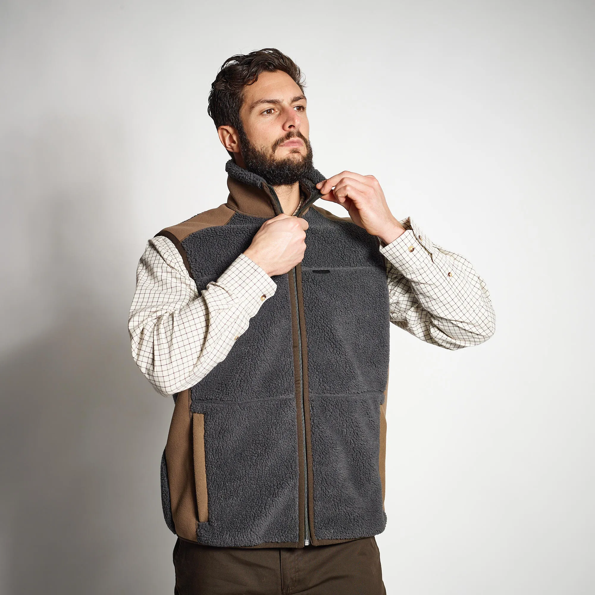 Fleece vest 500 brushed gray SOLOGNAC, charcoal gray/bark brown