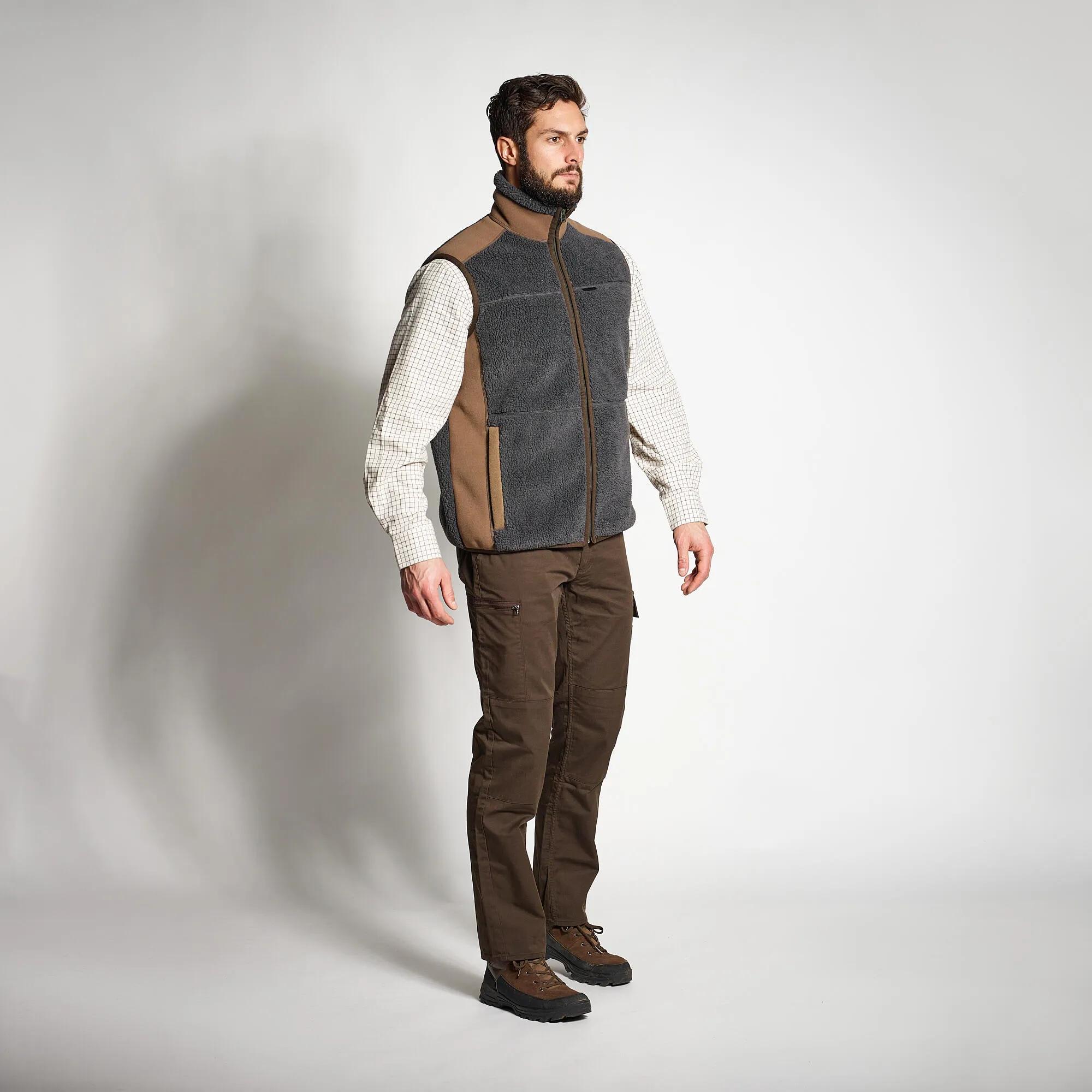 Fleece vest 500 brushed gray SOLOGNAC, charcoal gray/bark brown