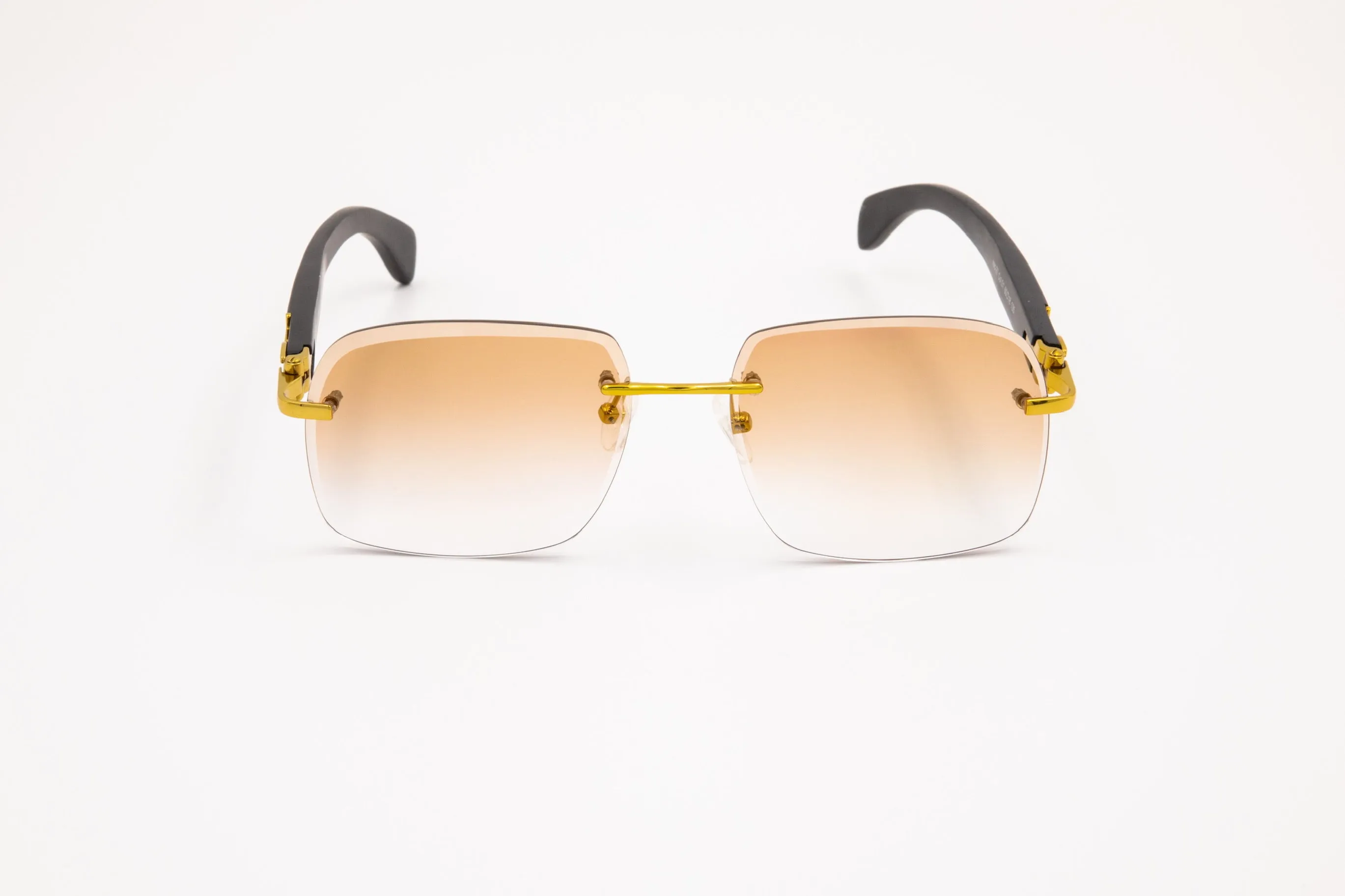 Gold & Black Wood Rimless Sunglasses, Gradient Brown Lenses