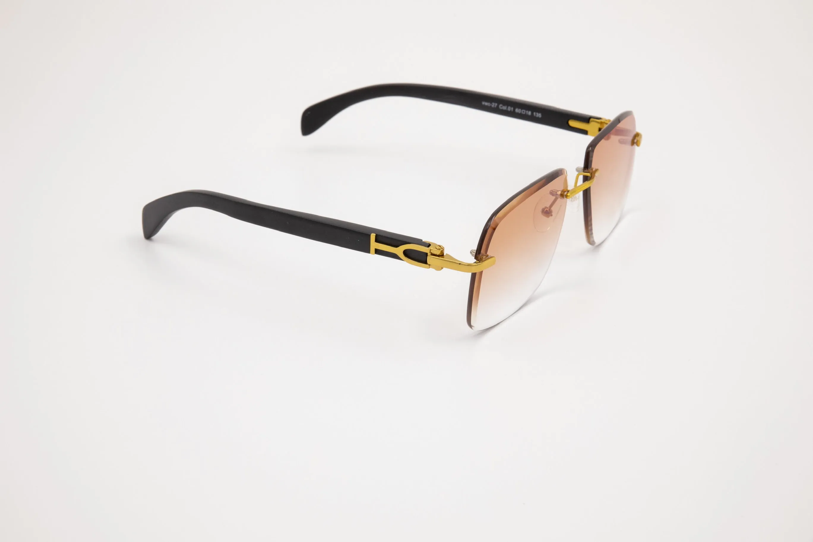 Gold & Black Wood Rimless Sunglasses, Gradient Brown Lenses