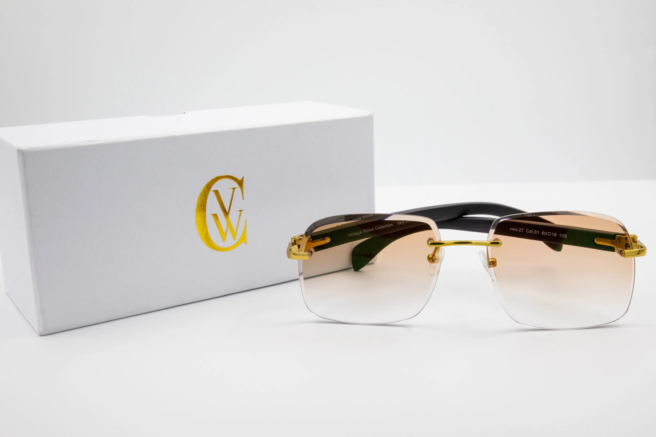 Gold & Black Wood Rimless Sunglasses, Gradient Brown Lenses