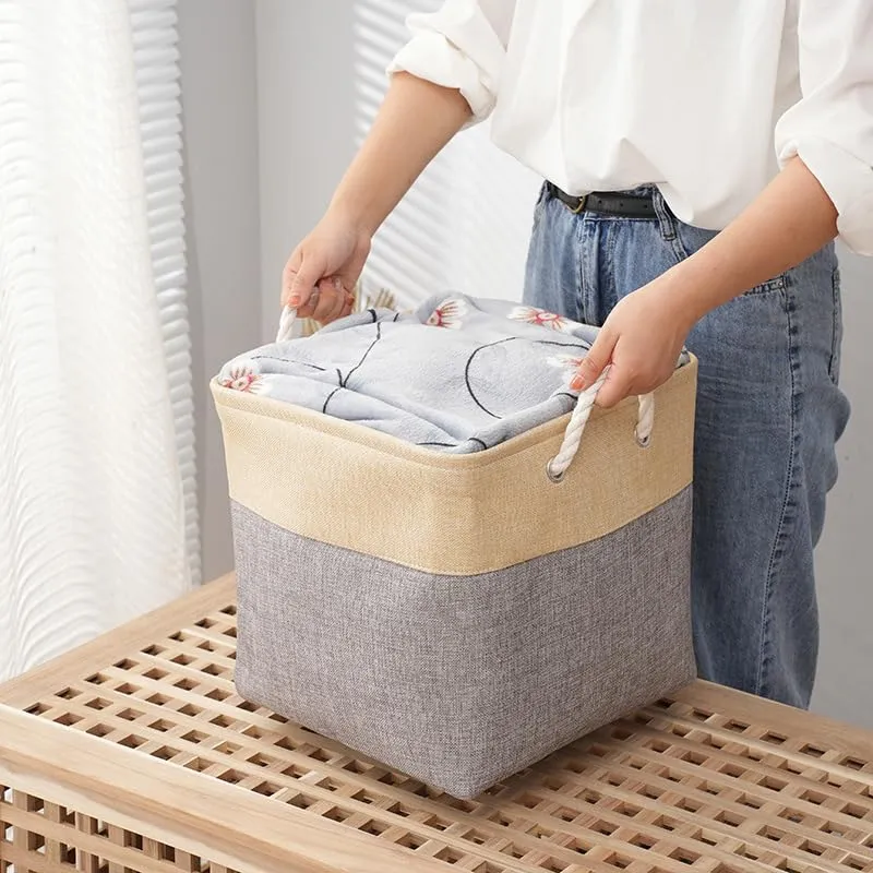 Homestic Foldable Storage Basket|Polyester Toy Storage Bin|Wardrobe Organizer For Clothes (Dark Grey & Brown)