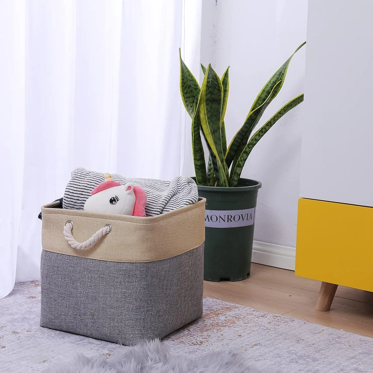 Homestic Foldable Storage Basket|Polyester Toy Storage Bin|Wardrobe Organizer For Clothes (Dark Grey & Brown)