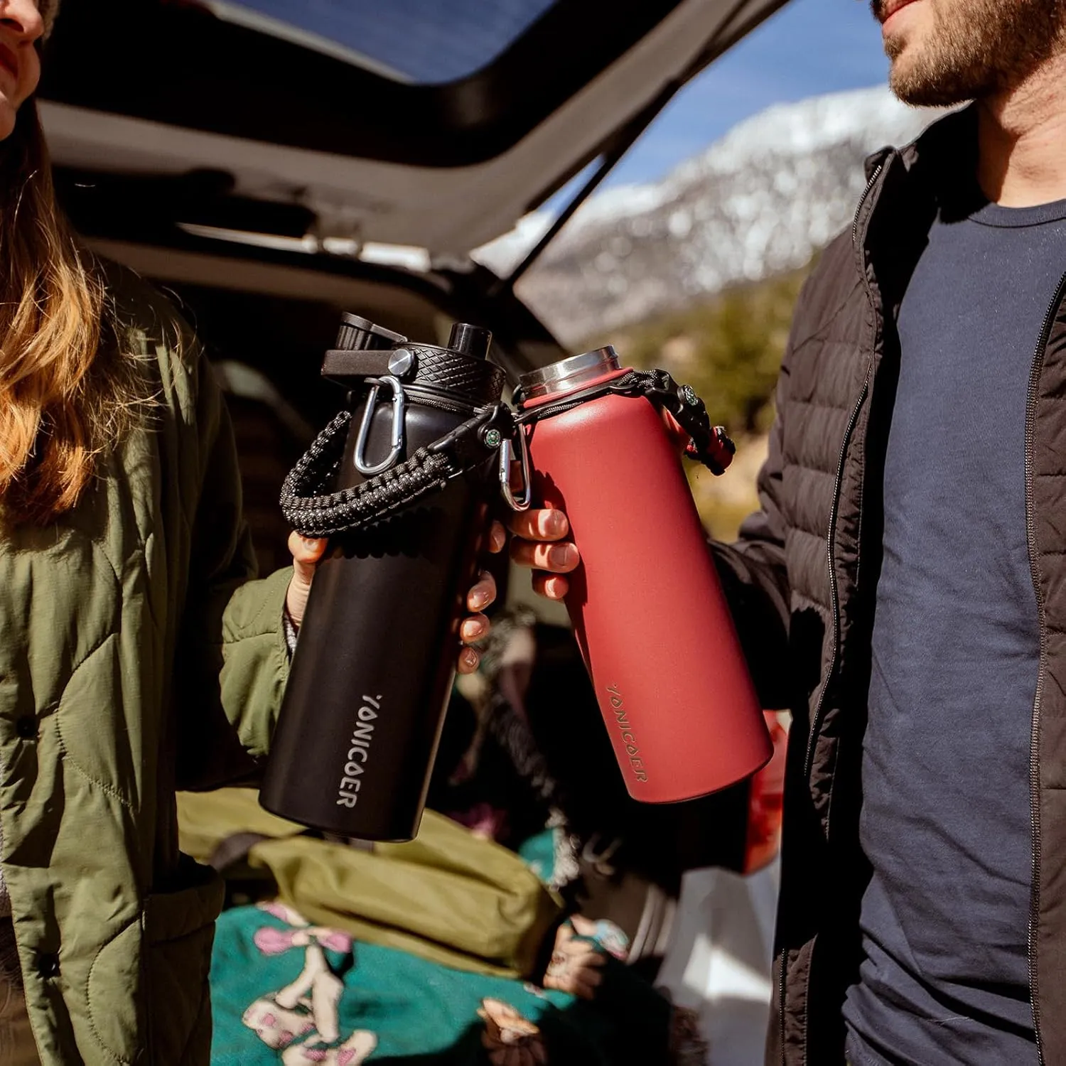 Insulated Water Bottle 40oz,Triple Wall Vacuum Stainless Steel(Dishwasher Safe),Leak Proof & Non-BPA,Flask Jug with Paracord Handle & Straw Spout Lids Sports Gradient black