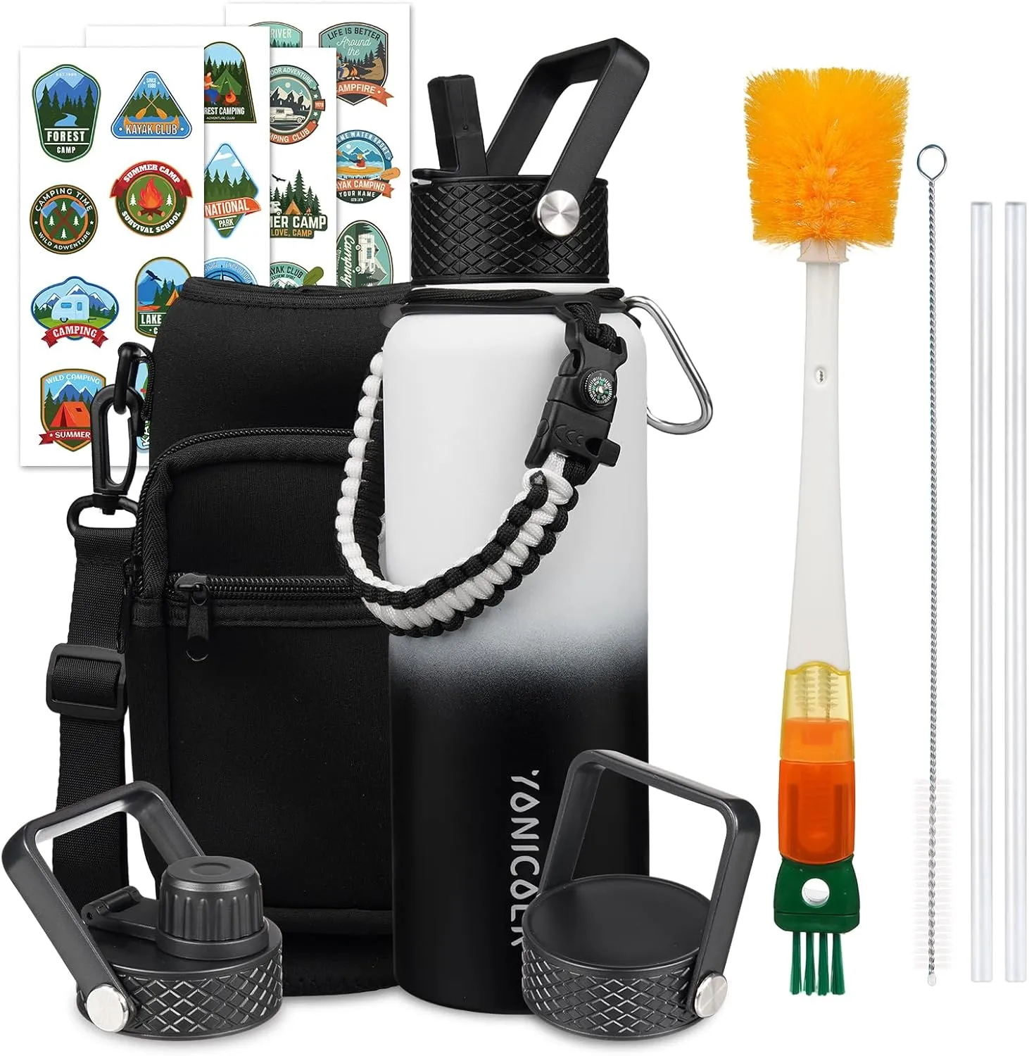 Insulated Water Bottle 40oz,Triple Wall Vacuum Stainless Steel(Dishwasher Safe),Leak Proof & Non-BPA,Flask Jug with Paracord Handle & Straw Spout Lids Sports Gradient black
