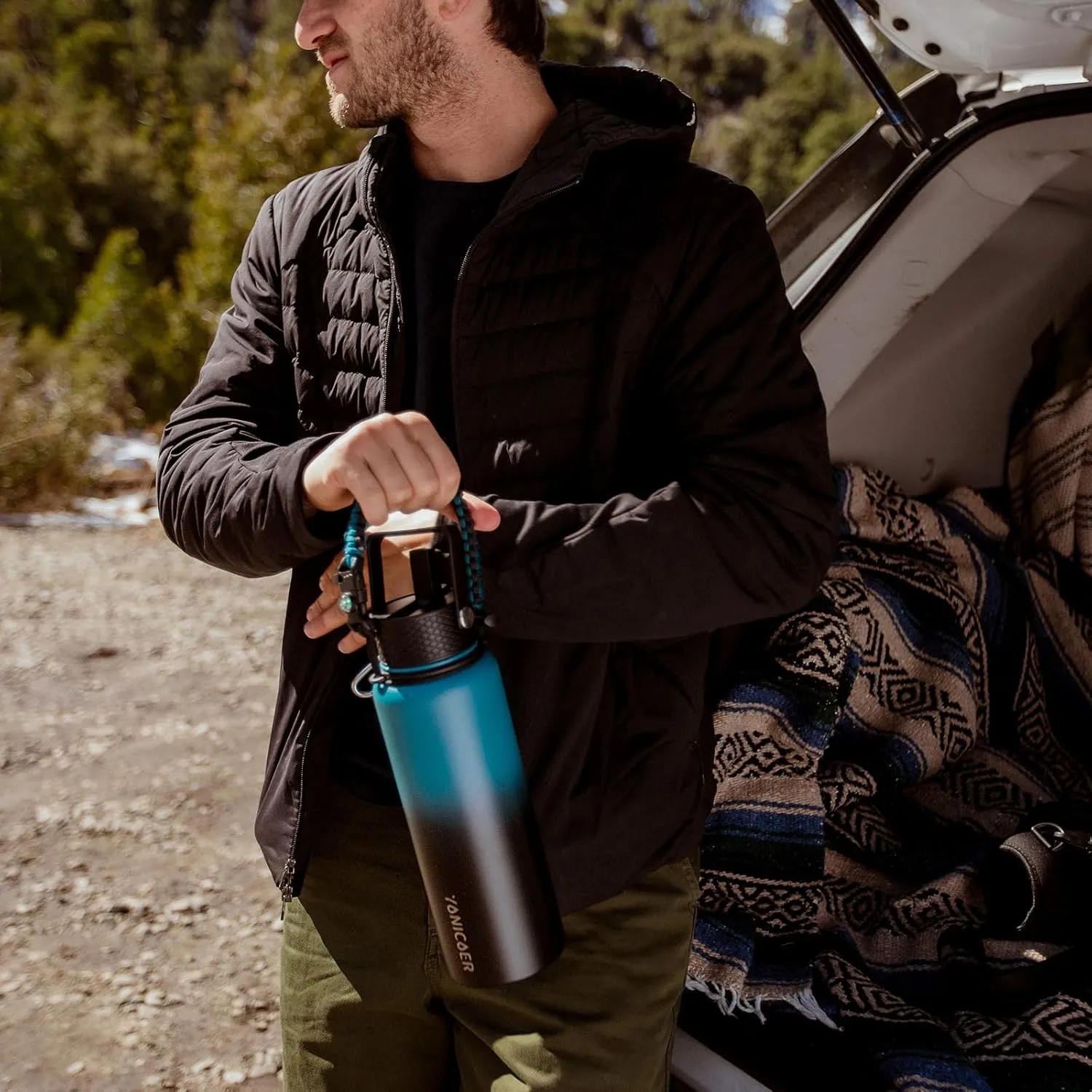 Insulated Water Bottle 40oz,Triple Wall Vacuum Stainless Steel(Dishwasher Safe),Leak Proof & Non-BPA,Flask Jug with Paracord Handle & Straw Spout Lids Sports Gradient black