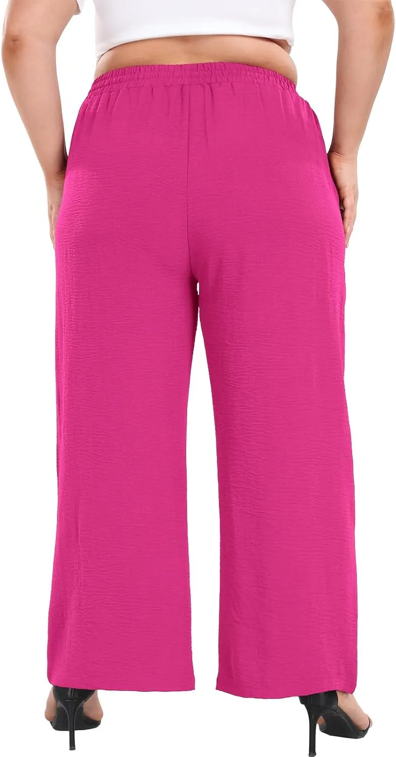 Lastshe Women's Plus Size Wide Leg Pants Summer Stretchy Drawstring Waist Comfortable Fit Casual Trousers Pants with Pockets