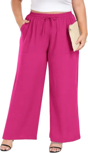 Lastshe Women's Plus Size Wide Leg Pants Summer Stretchy Drawstring Waist Comfortable Fit Casual Trousers Pants with Pockets