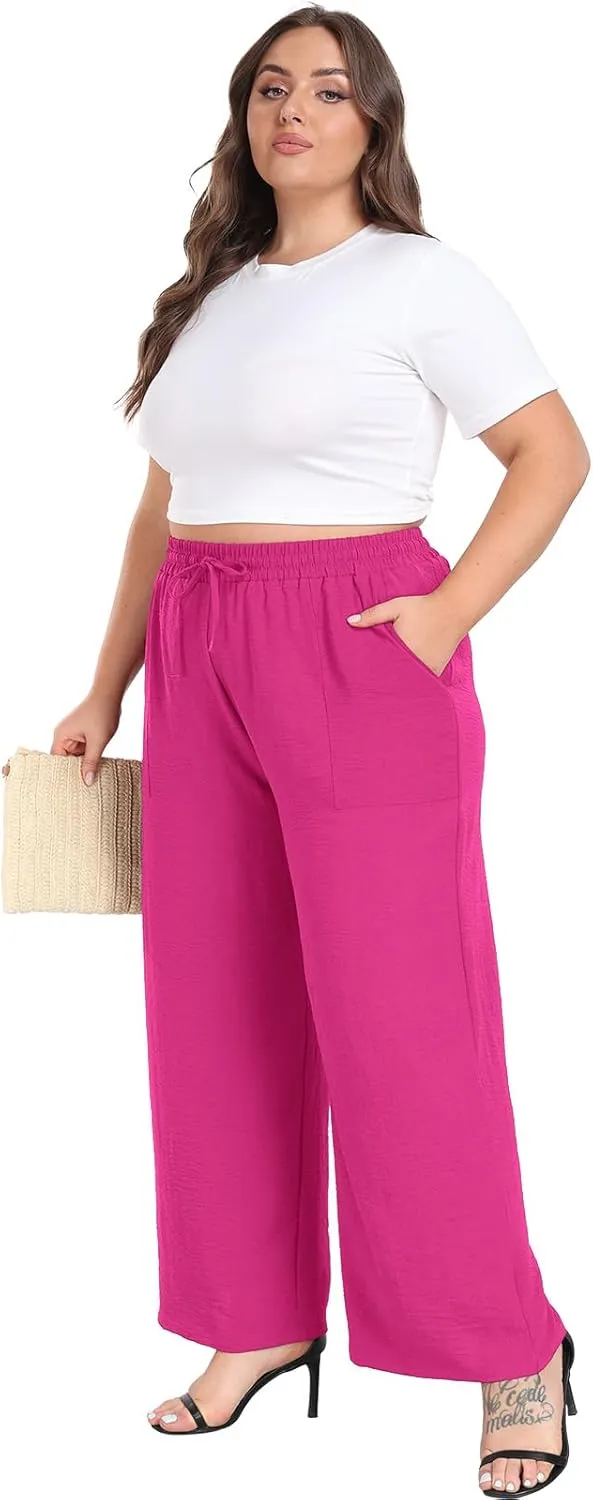 Lastshe Women's Plus Size Wide Leg Pants Summer Stretchy Drawstring Waist Comfortable Fit Casual Trousers Pants with Pockets