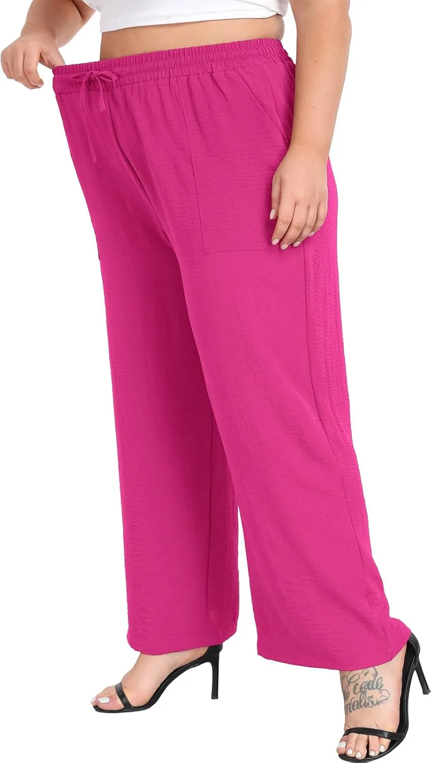Lastshe Women's Plus Size Wide Leg Pants Summer Stretchy Drawstring Waist Comfortable Fit Casual Trousers Pants with Pockets