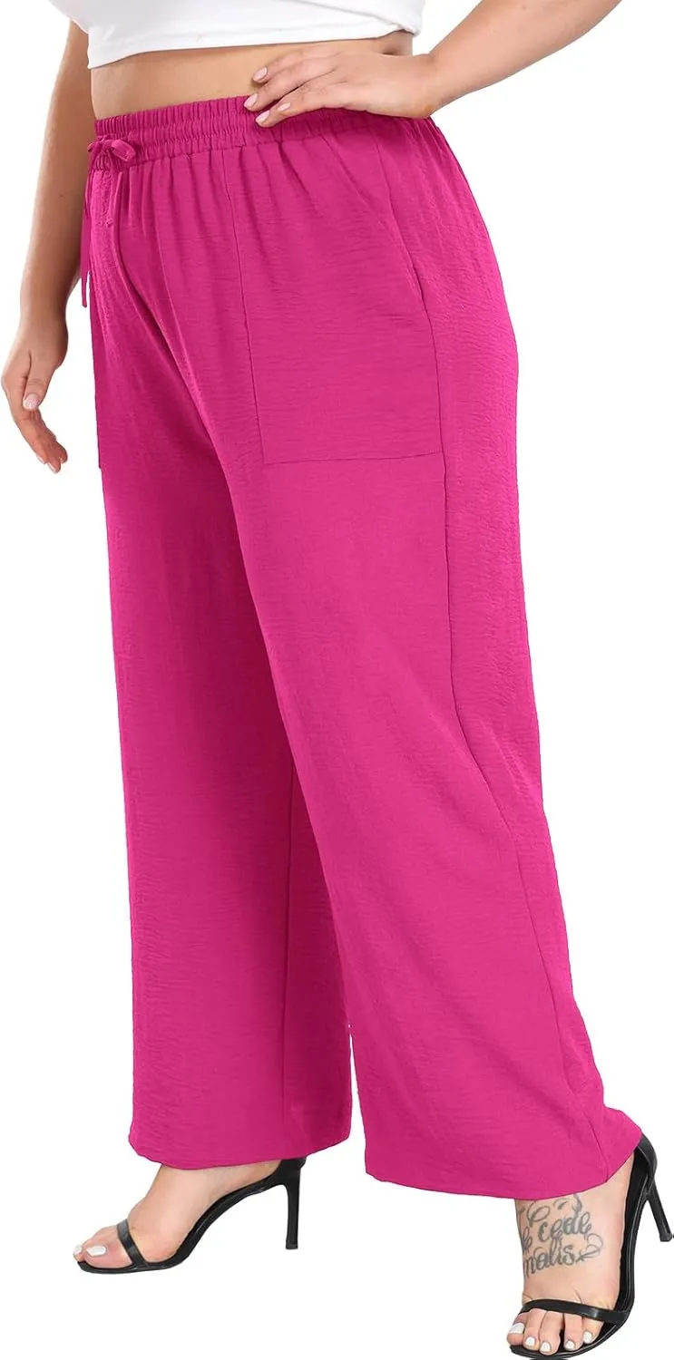 Lastshe Women's Plus Size Wide Leg Pants Summer Stretchy Drawstring Waist Comfortable Fit Casual Trousers Pants with Pockets