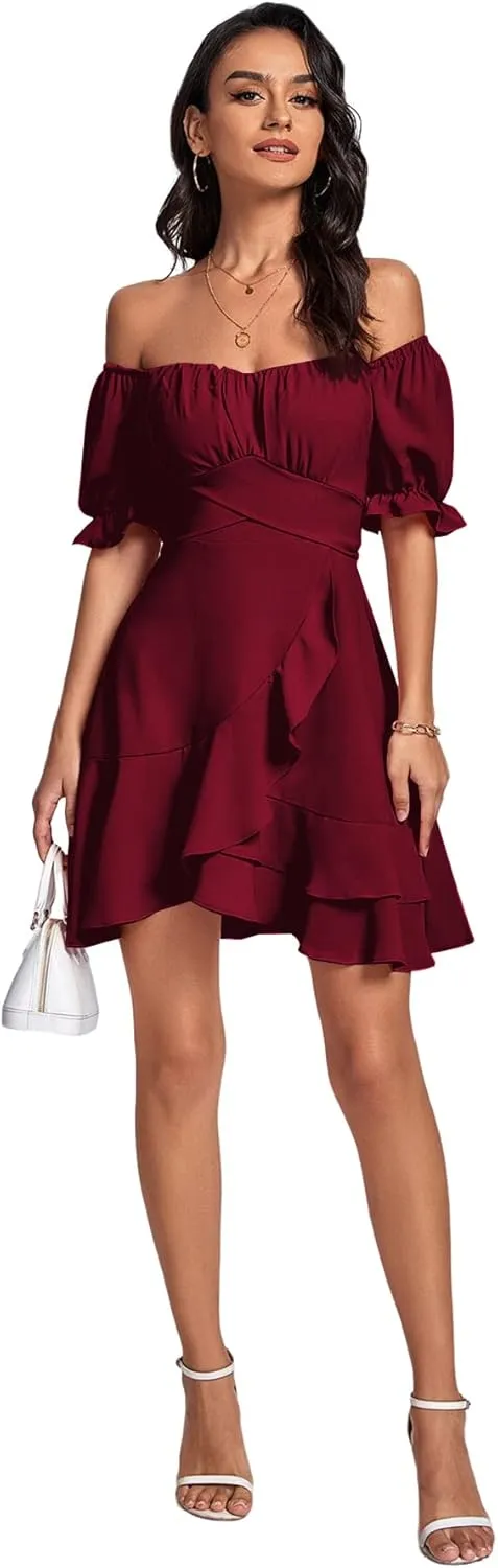 LYANER Women's Square Neck Ruffle Wrap Mini Dress Off Shoulder Flounce Short Sleeve A Line Flowy Dress