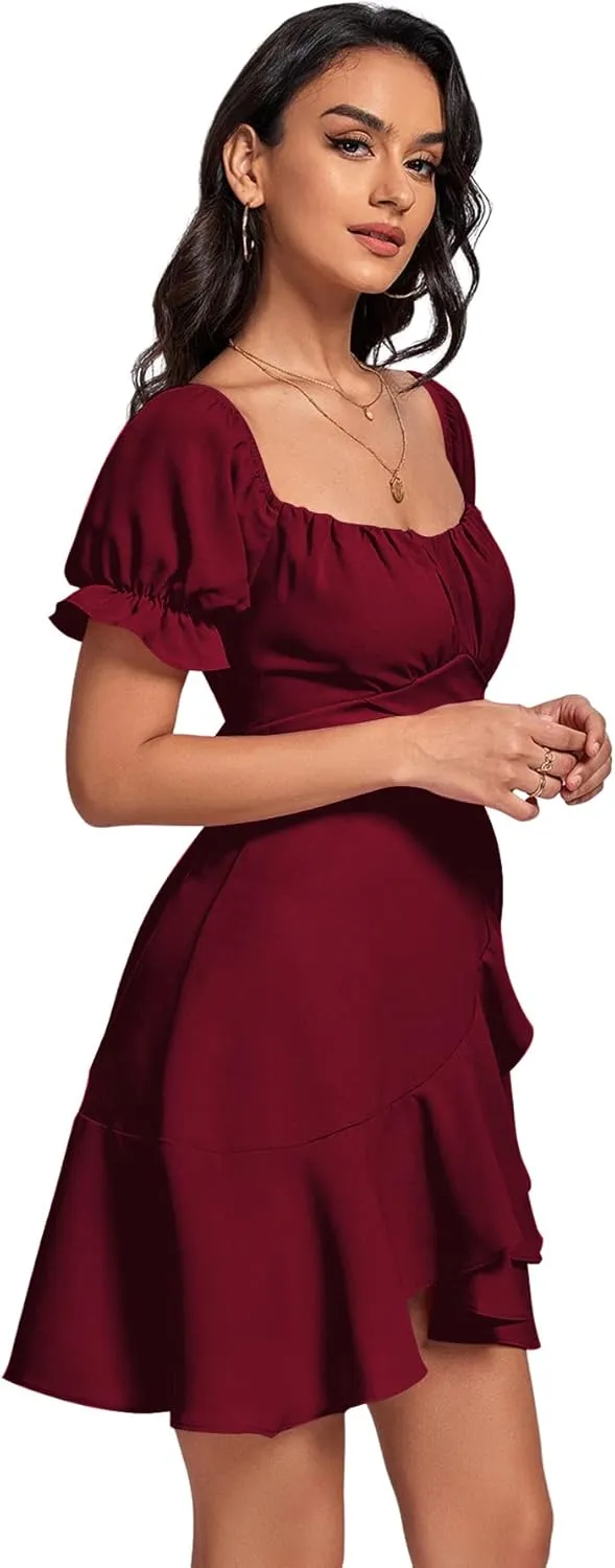 LYANER Women's Square Neck Ruffle Wrap Mini Dress Off Shoulder Flounce Short Sleeve A Line Flowy Dress