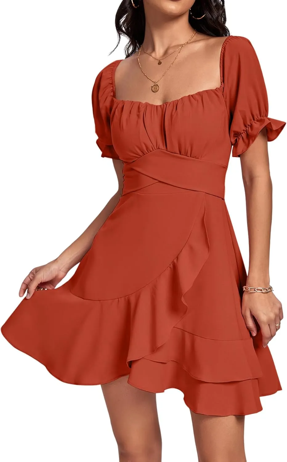 LYANER Women's Square Neck Ruffle Wrap Mini Dress Off Shoulder Flounce Short Sleeve A Line Flowy Dress