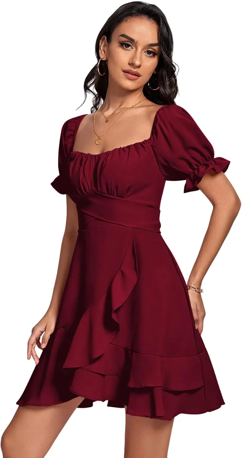 LYANER Women's Square Neck Ruffle Wrap Mini Dress Off Shoulder Flounce Short Sleeve A Line Flowy Dress