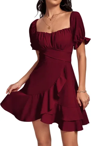 LYANER Women's Square Neck Ruffle Wrap Mini Dress Off Shoulder Flounce Short Sleeve A Line Flowy Dress