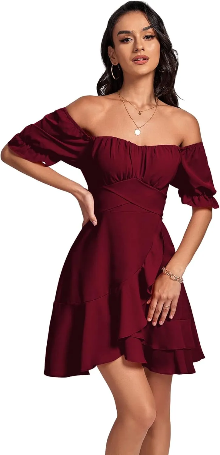 LYANER Women's Square Neck Ruffle Wrap Mini Dress Off Shoulder Flounce Short Sleeve A Line Flowy Dress