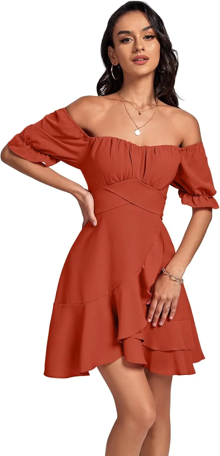 LYANER Women's Square Neck Ruffle Wrap Mini Dress Off Shoulder Flounce Short Sleeve A Line Flowy Dress