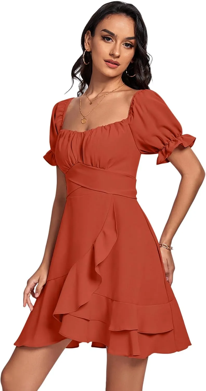LYANER Women's Square Neck Ruffle Wrap Mini Dress Off Shoulder Flounce Short Sleeve A Line Flowy Dress