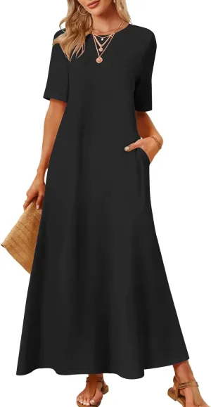 MEROKEETY Women's 2025 Summer Casual Maxi Dress Beach Vacation Short Sleeve Crewneck Basic Long T Shirt Dresses