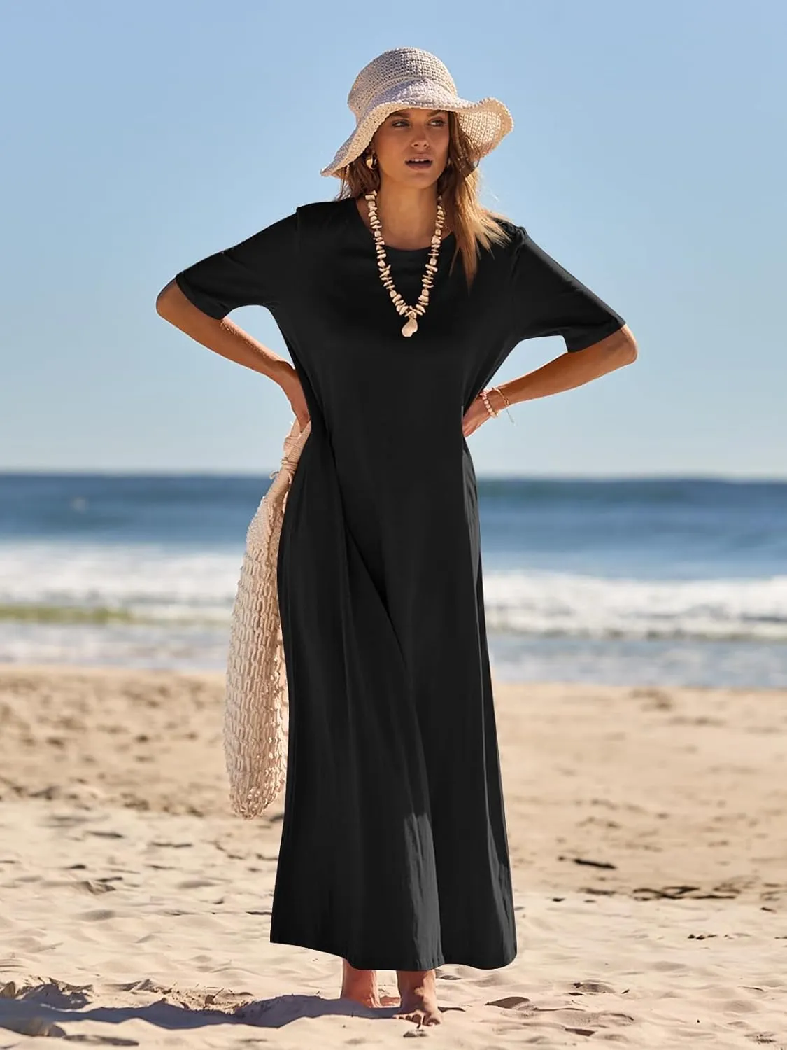 MEROKEETY Women's 2025 Summer Casual Maxi Dress Beach Vacation Short Sleeve Crewneck Basic Long T Shirt Dresses