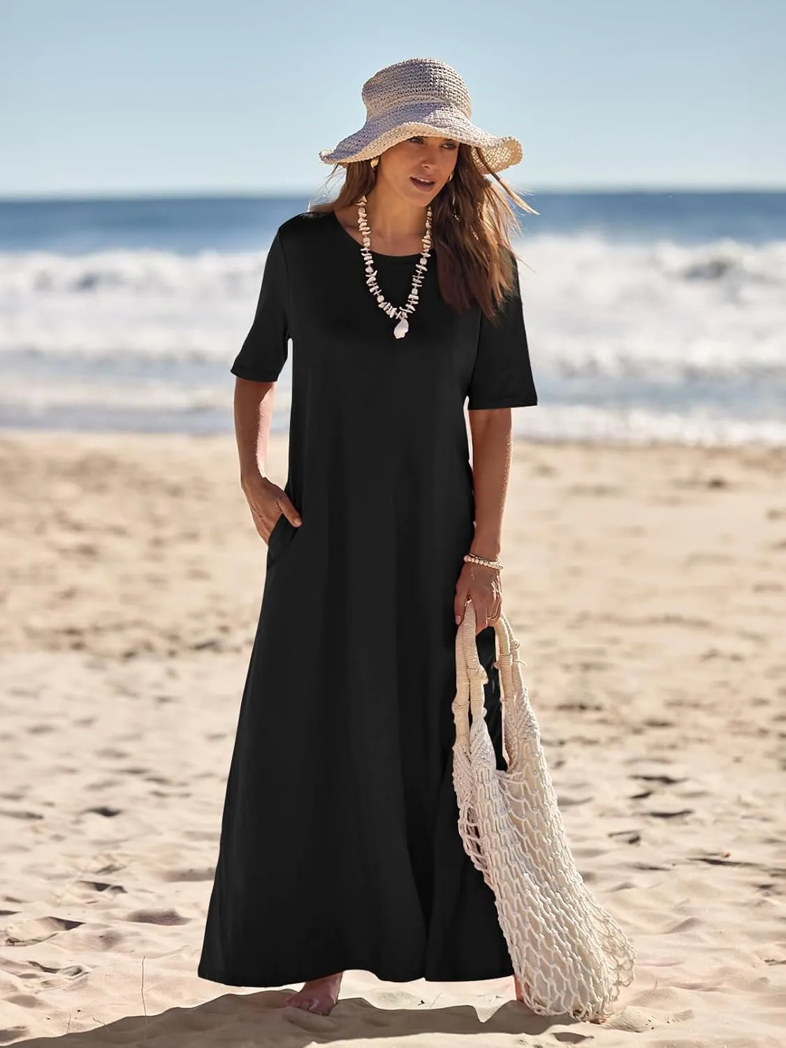 MEROKEETY Women's 2025 Summer Casual Maxi Dress Beach Vacation Short Sleeve Crewneck Basic Long T Shirt Dresses