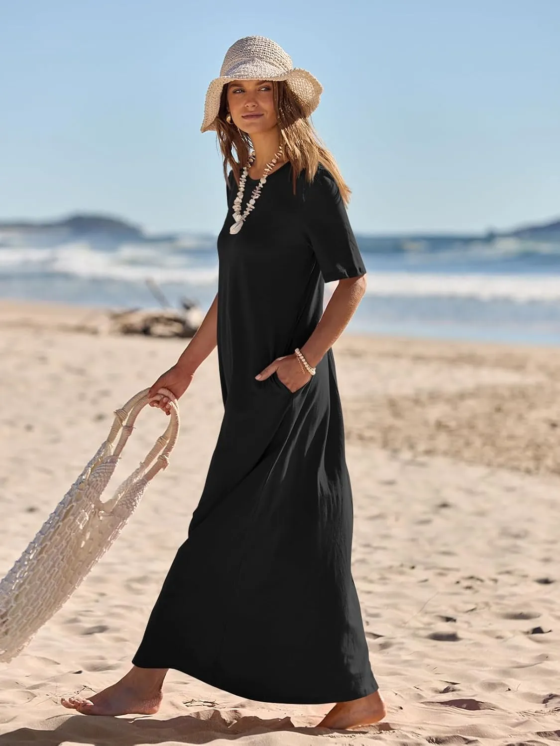 MEROKEETY Women's 2025 Summer Casual Maxi Dress Beach Vacation Short Sleeve Crewneck Basic Long T Shirt Dresses