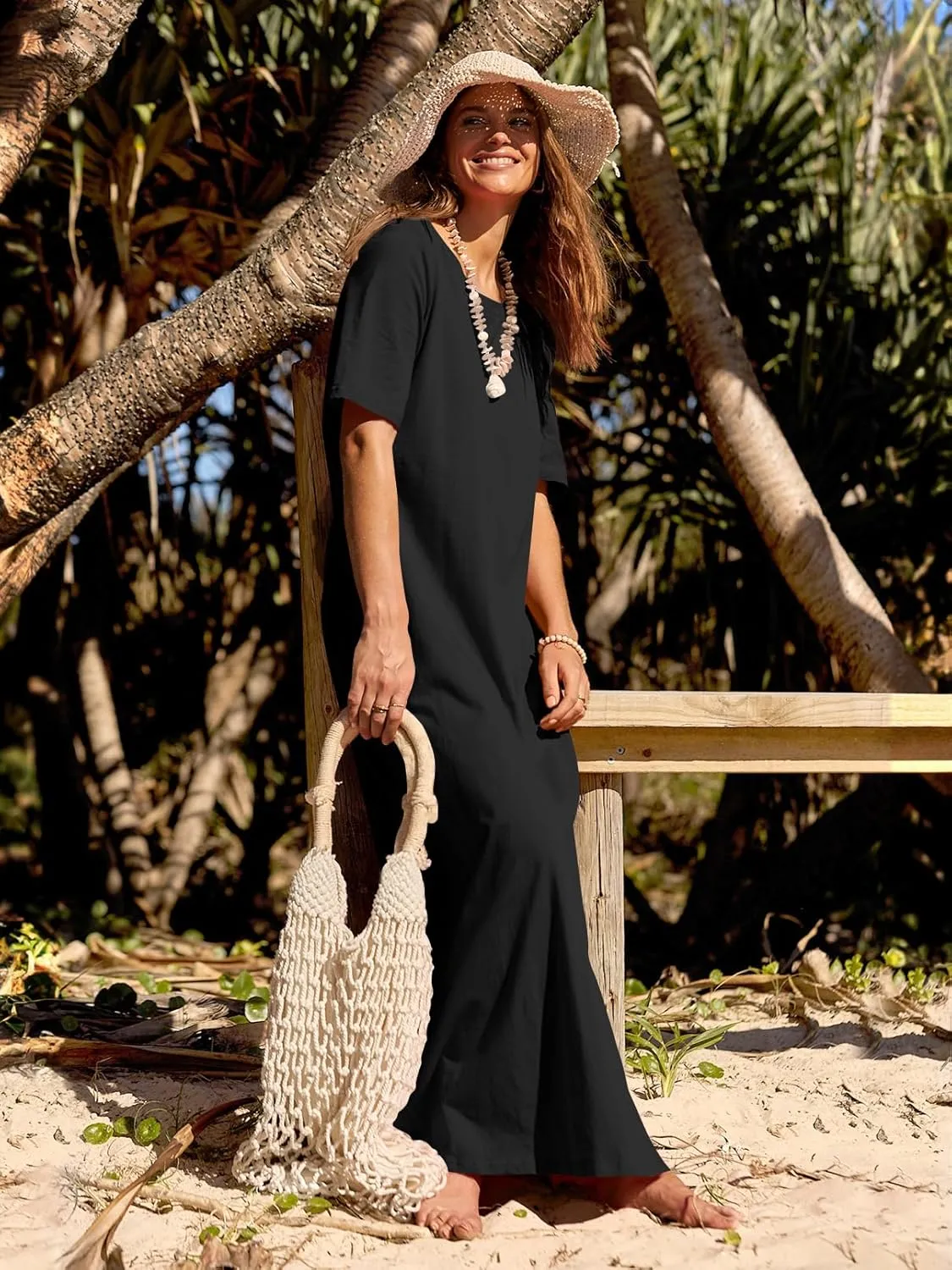 MEROKEETY Women's 2025 Summer Casual Maxi Dress Beach Vacation Short Sleeve Crewneck Basic Long T Shirt Dresses