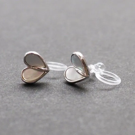 Mother Of Pearl Heart Invisible Clip On Stud Earrings (Silver tone)
