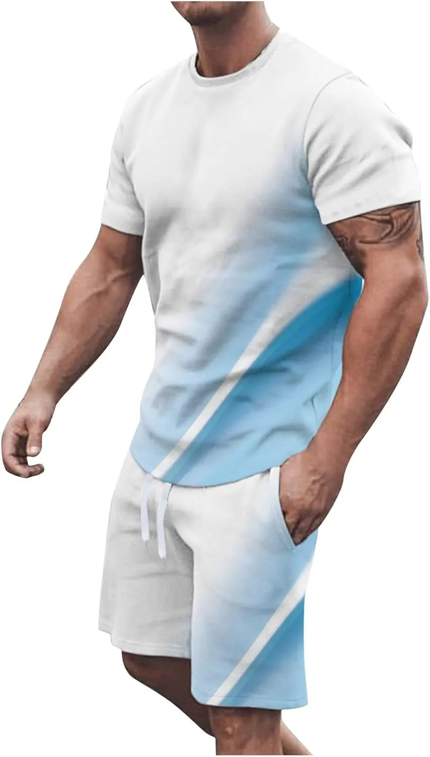 Muscularfit Mens Short Sets 2 Piece Outfits Causal Gradient Color Tracksuit Sweatshirt and Drawstring Shorts Set for Men 2023