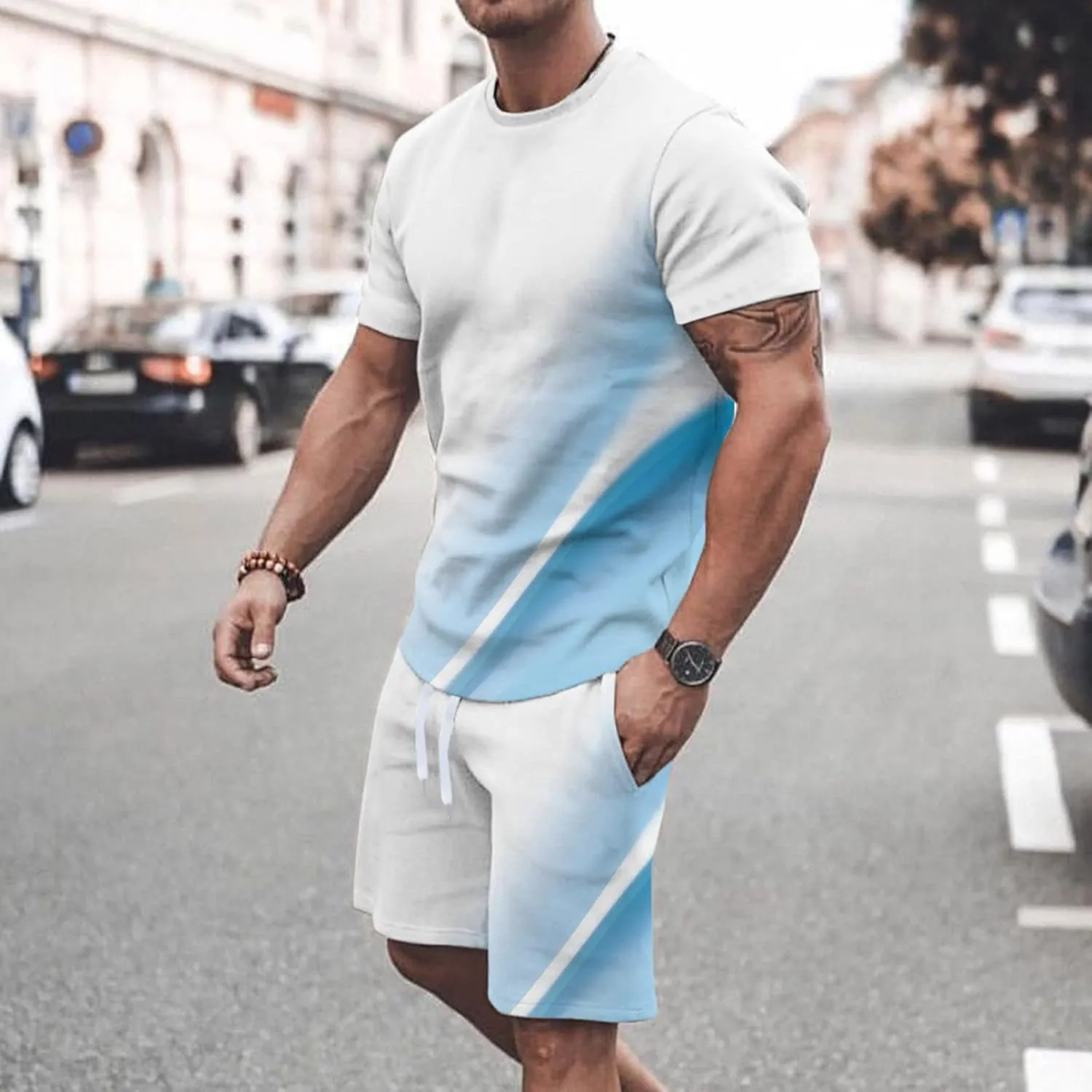 Muscularfit Mens Short Sets 2 Piece Outfits Causal Gradient Color Tracksuit Sweatshirt and Drawstring Shorts Set for Men 2023