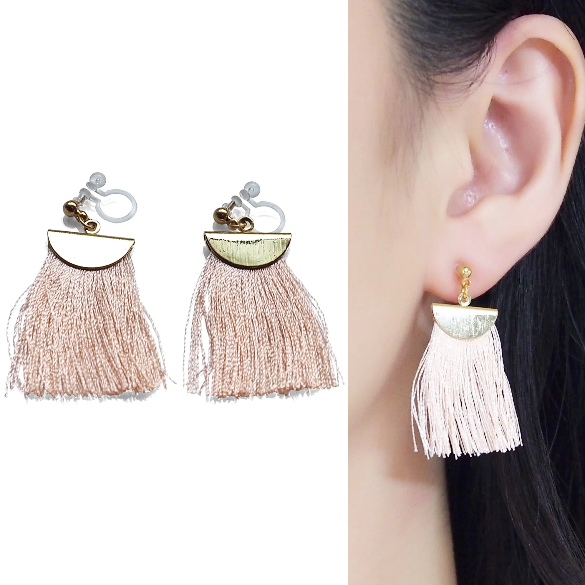 Peachy orange flat tassel invisible clip on earrings